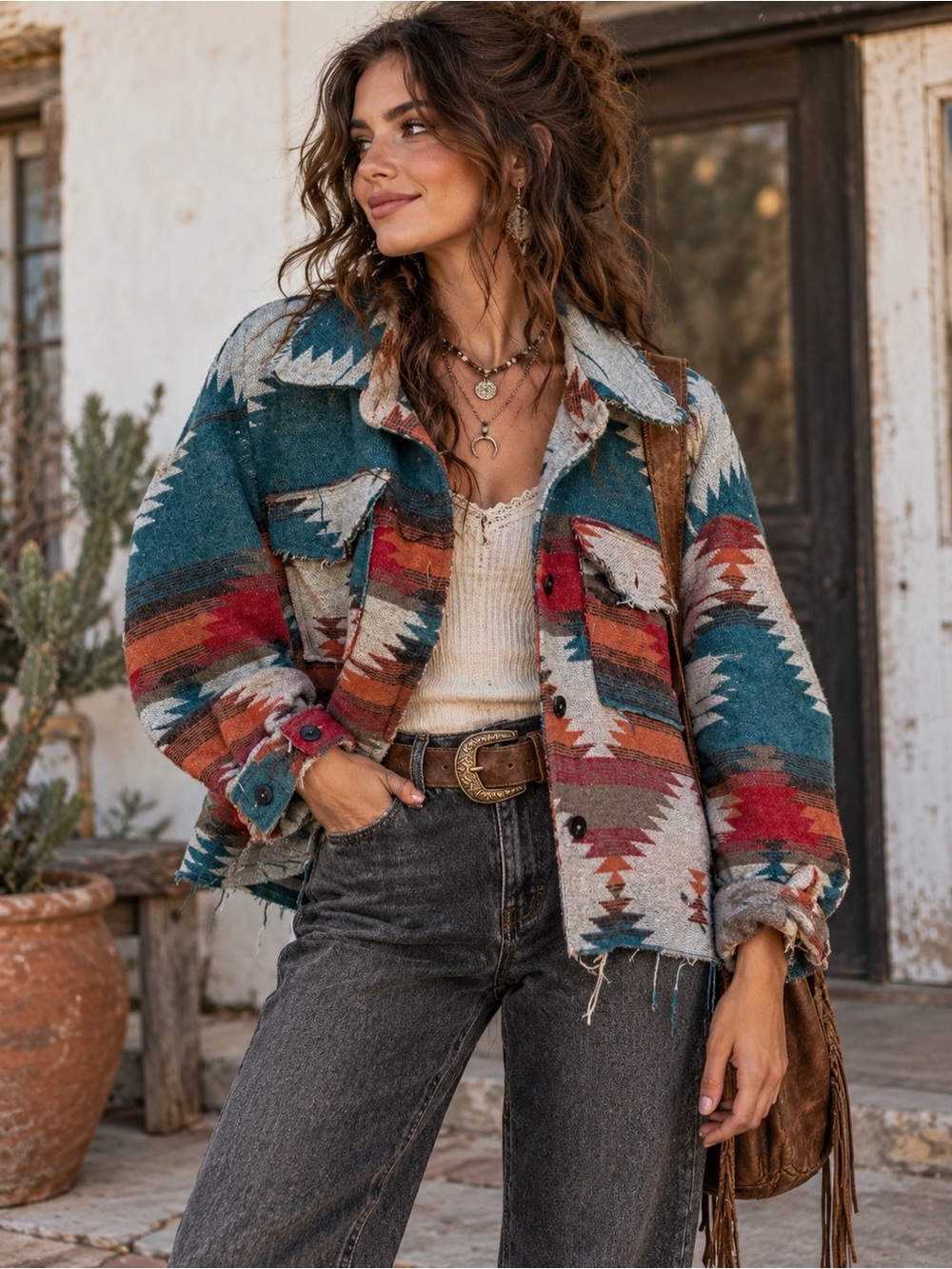 LA MIEL Western Artsy Horse Blanket Rodeo Rustic Aztec Print Boho Shacket